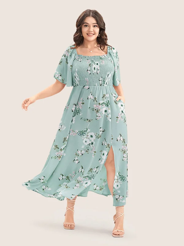 Floral Square Neck Ruffles Pocket Shirred Split Dress