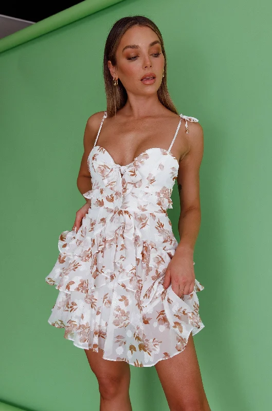 Flower Child Bust Tie Ruffle Trim Dress Floral White