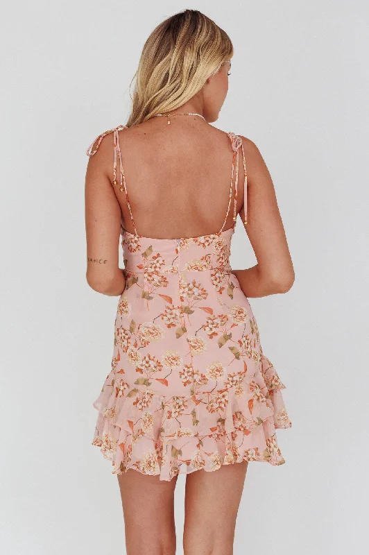 Flower Child Bust Tie Ruffle Trim Dress Roses Blush