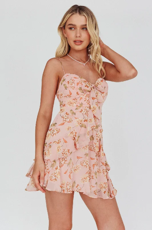 Flower Child Bust Tie Ruffle Trim Dress Roses Blush