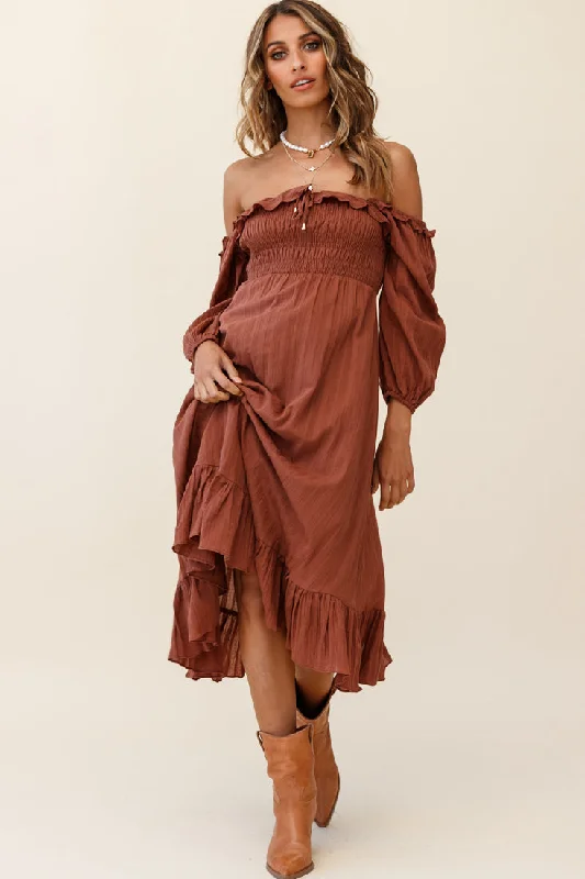 Flynn Off-Shoulder Shirred Bust Midi Dress Tan