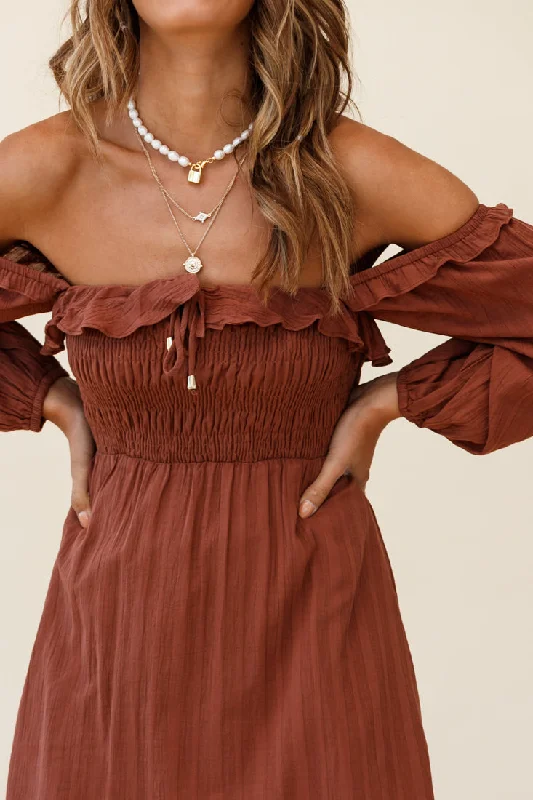 Flynn Off-Shoulder Shirred Bust Midi Dress Tan