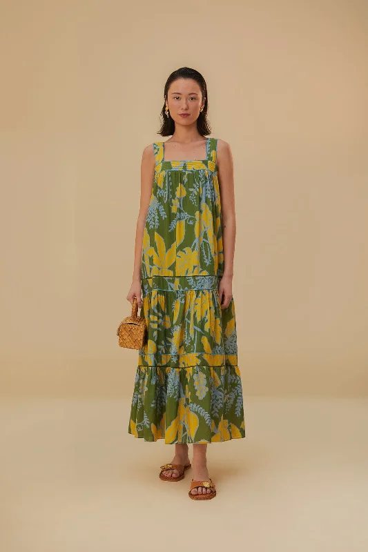 Green Foliage Sketch Sleeveless Maxi Dress