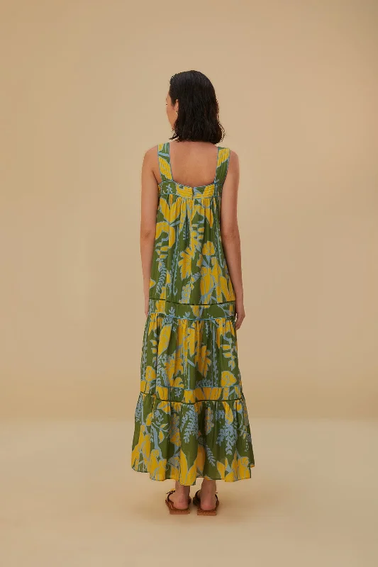 Green Foliage Sketch Sleeveless Maxi Dress