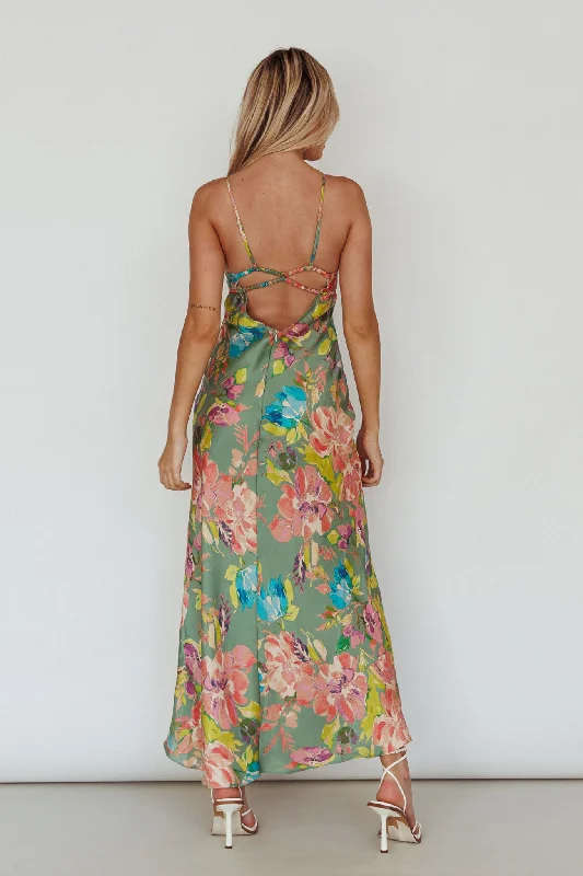 From Above V-Back Midi Dress Floral Green