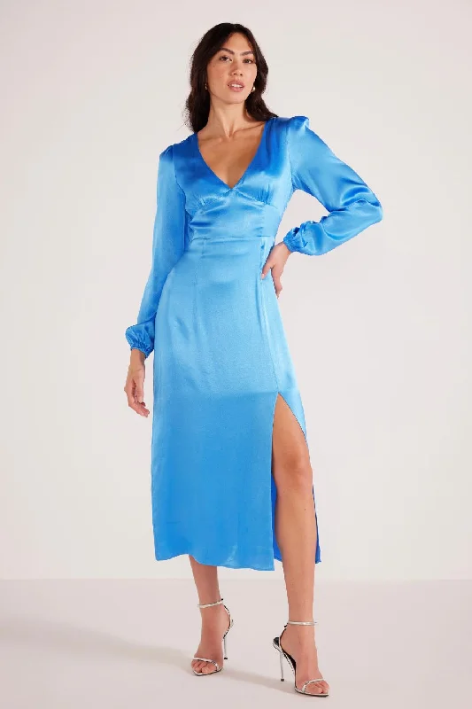 Gaia Blue LS Satin Maxi Dress