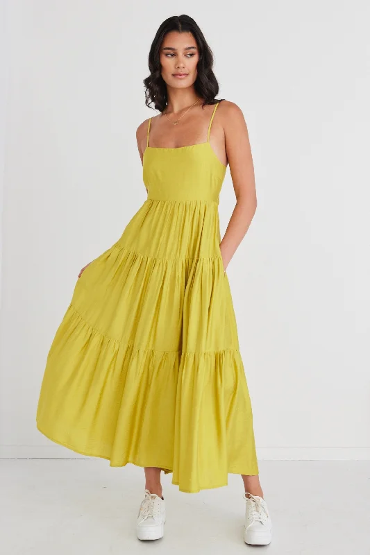 Galaxy Citron Tie Back Tiered Strappy Maxi Dress