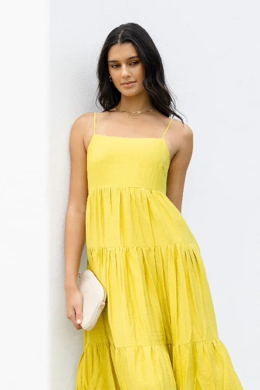 Galaxy Citron Tie Back Tiered Strappy Maxi Dress