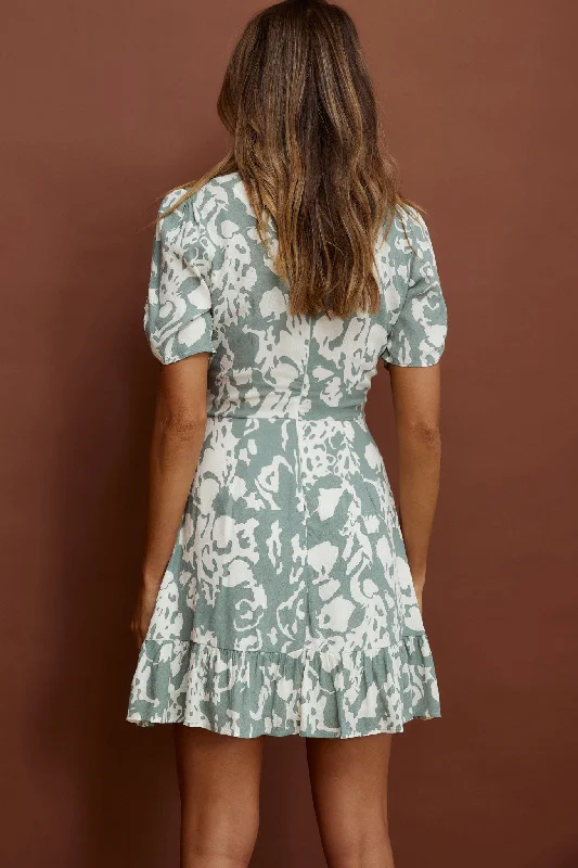 Georgina Ruched Sleeve Tea Dress Stencil Print Sage