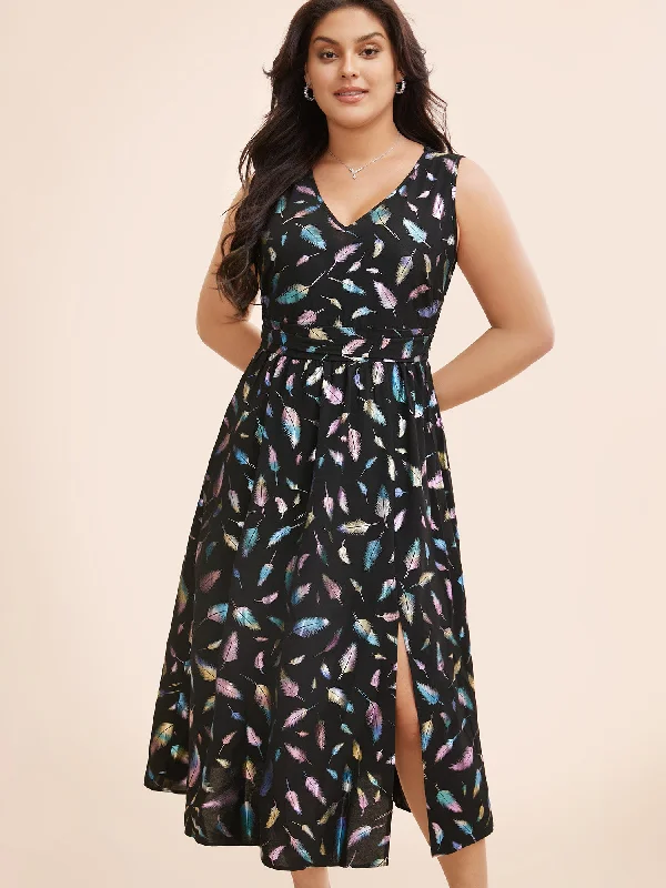 Glitter Feather Print V Neck Dress