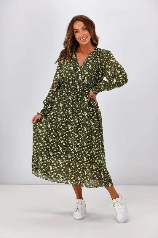 Gloss by Shine On Taigen Wrap Front Shirred Waist Dress Olive Check Floral