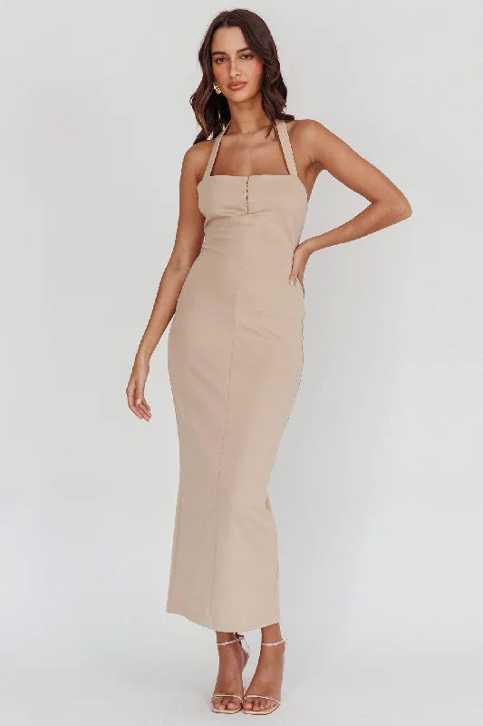 Goldfoil Halter Neck Maxi Dress Ecru