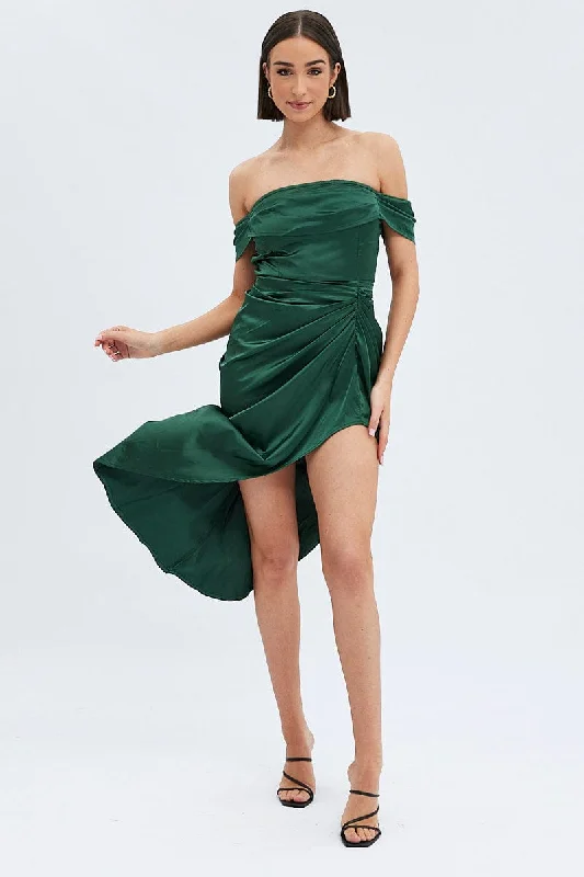 Green Dress Bardot Draped Satin