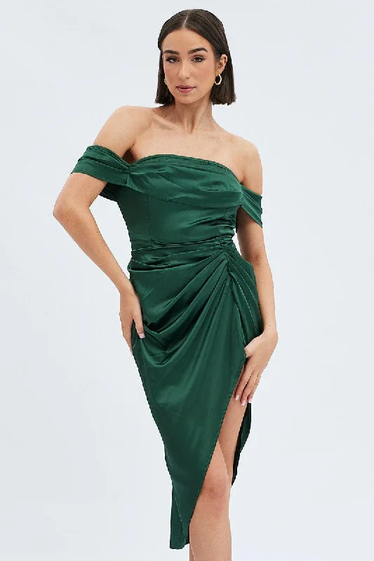 Green Dress Bardot Draped Satin