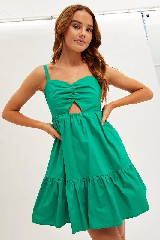 Green Fit And Flare Dress Sleeveless Ruched Bust