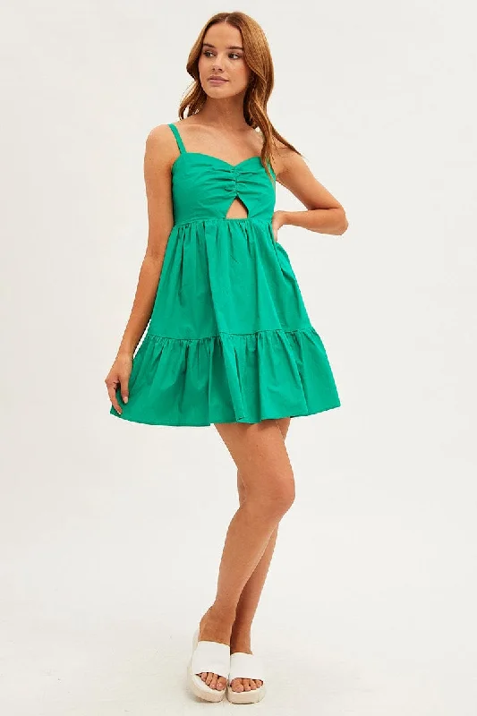 Green Fit And Flare Dress Sleeveless Ruched Bust