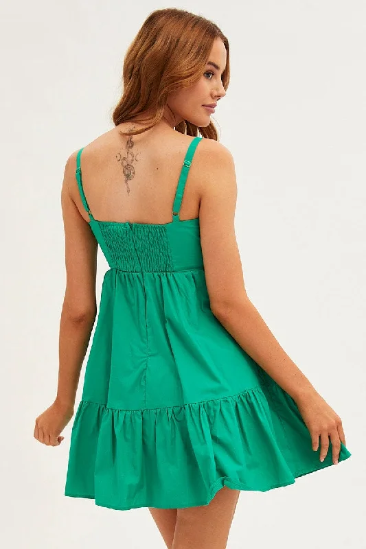 Green Fit And Flare Dress Sleeveless Ruched Bust