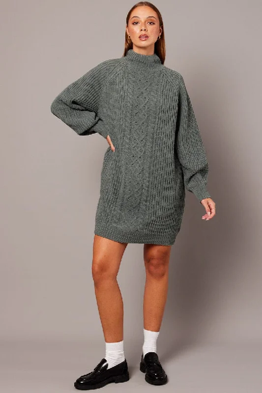 Green Knit Dress High Neck Oversized Chenille