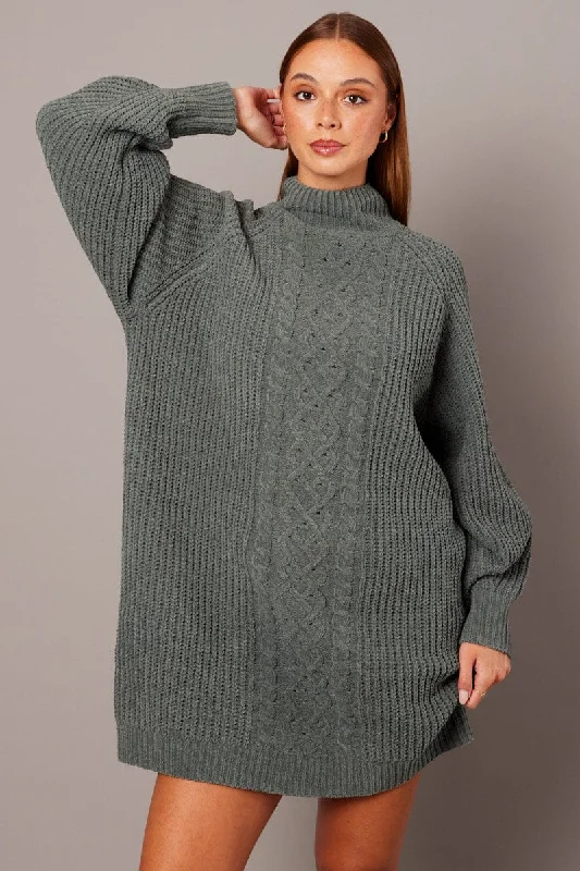 Green Knit Dress High Neck Oversized Chenille