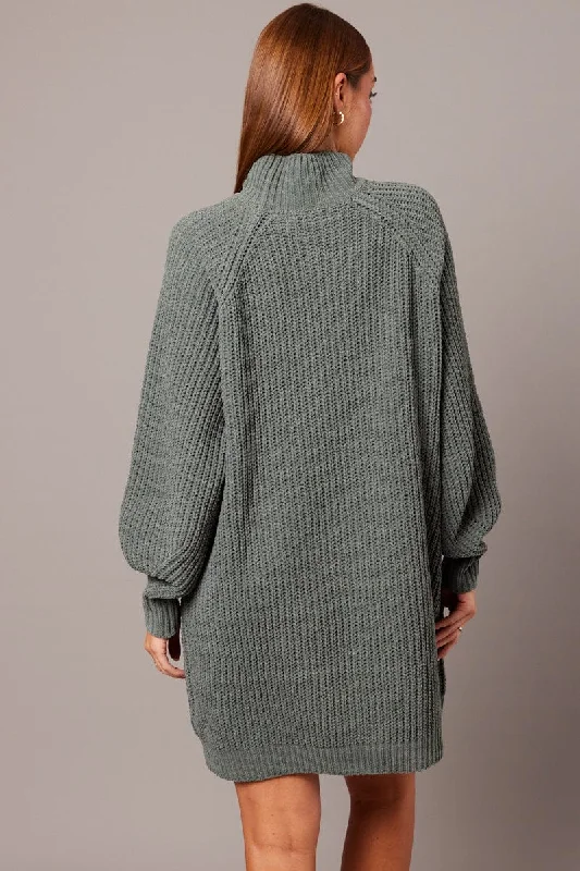 Green Knit Dress High Neck Oversized Chenille