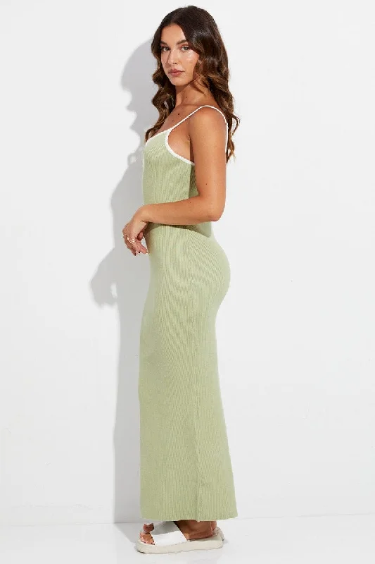 Green Knit Dress Midi Contrast Bind