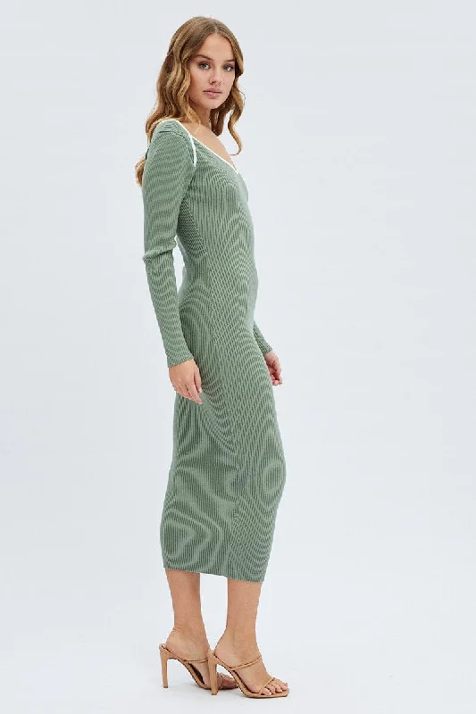 Green Midi Dress Long Sleeve Sweetheart Contrast Bind