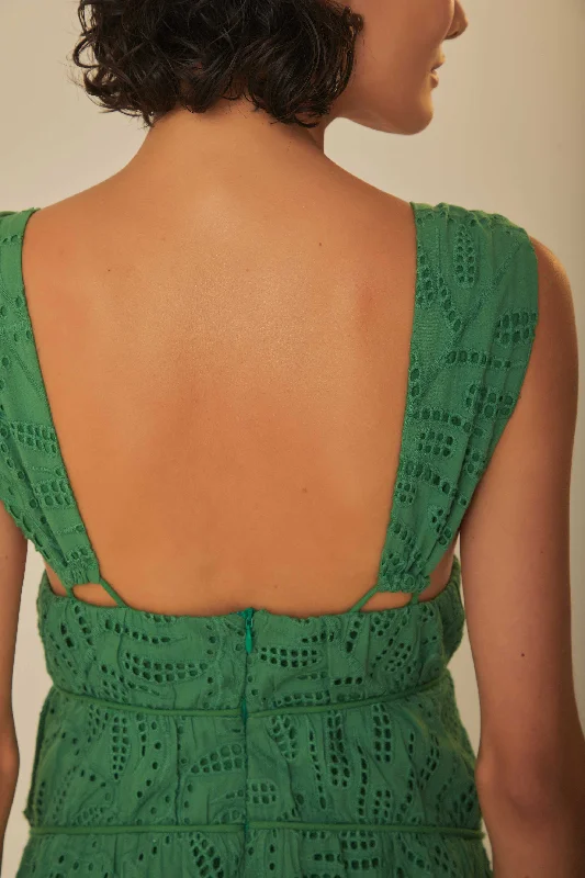 Green Monstera Corset Eyelet Maxi Dress