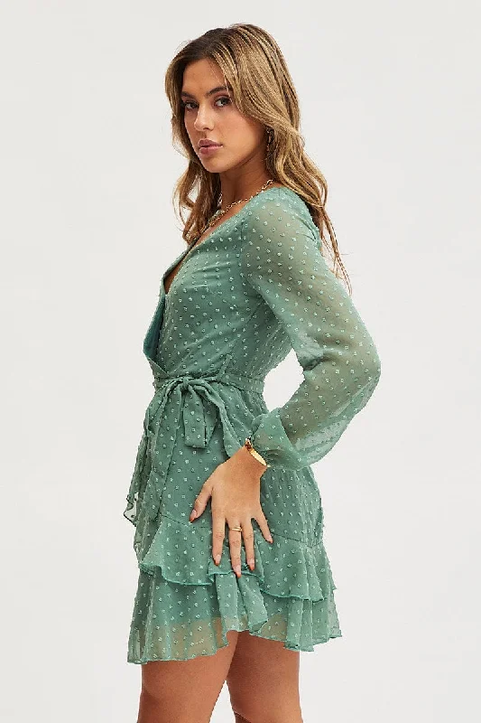 Green Skater Dress Long Sleeve Mini