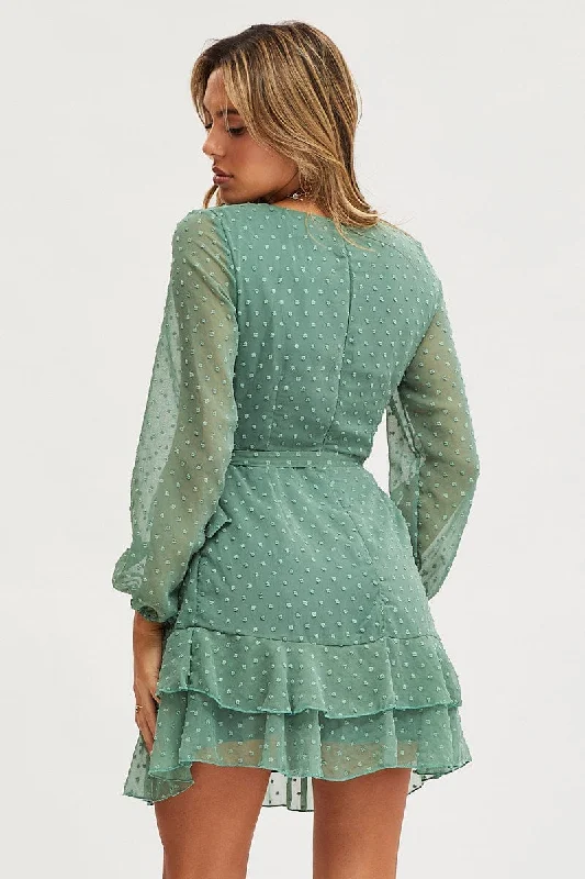 Green Skater Dress Long Sleeve Mini