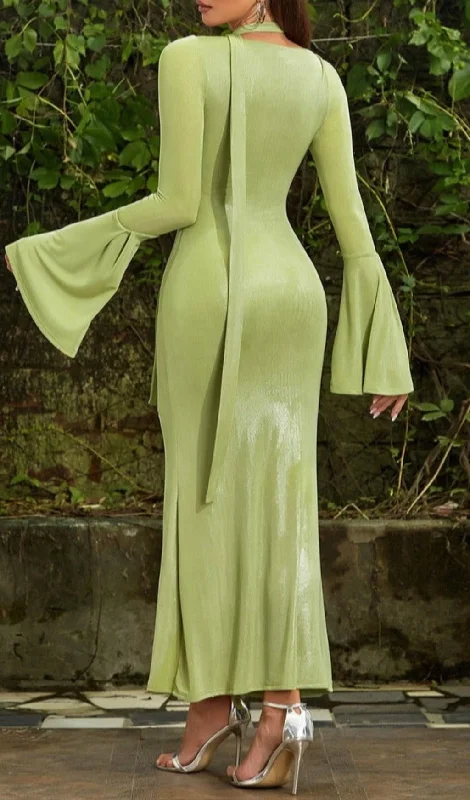 GREEN TRUMPET SLEEVE BODYCON MAXI DRESS