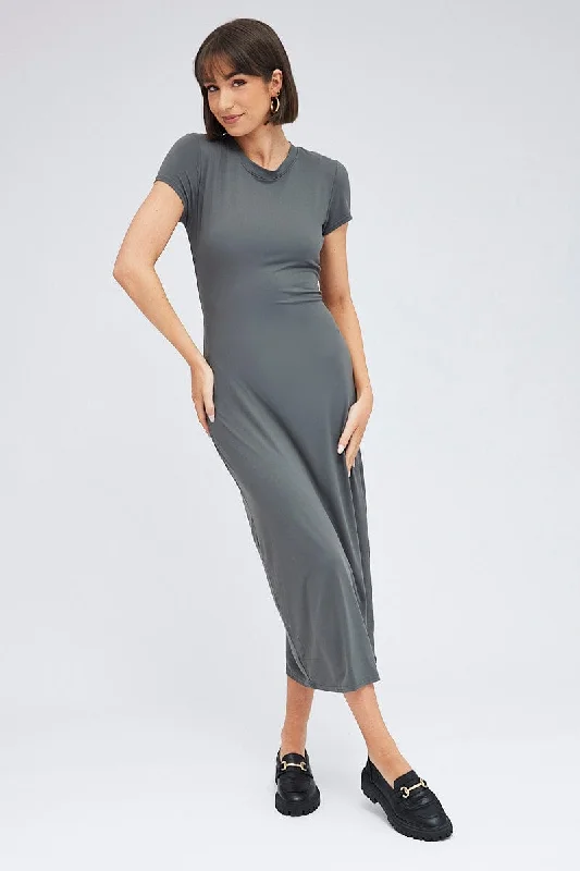 Grey Maxi Dress Short Sleeve Bodycon SuperSoft