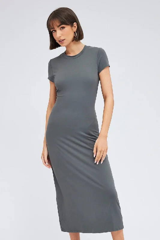 Grey Maxi Dress Short Sleeve Bodycon SuperSoft