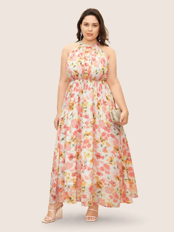 Halter Neck Floral Pleated Pocket Dress