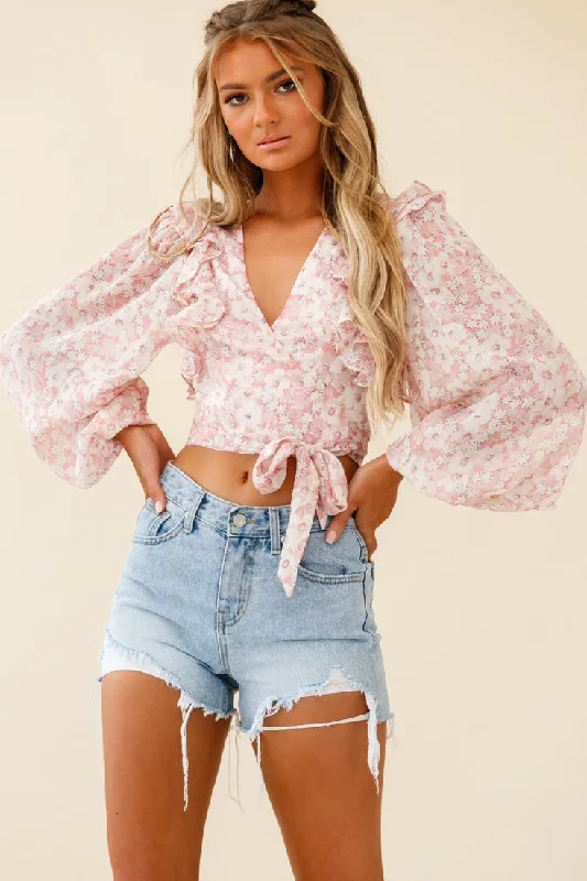 Hello, Dolly! Long Sleeve Waist Tie Crop Top Floral Print Pink