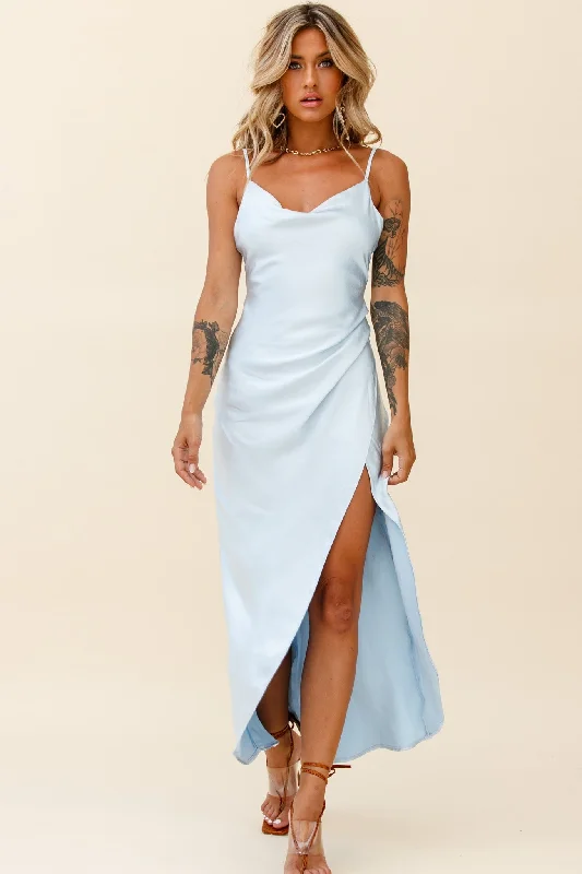 Hey Girl Long Satin Cowl Neck Dress Steel Blue