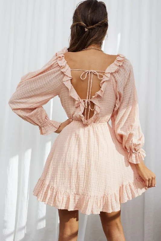 Hooked On A Feeling Long Sleeve String Tie Back Mini Dress Peach