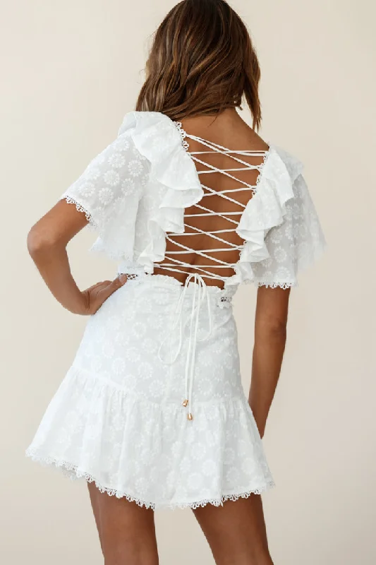 How Romantic Flounce Sleeve Lace-Up Back Dress Floral Embossed White