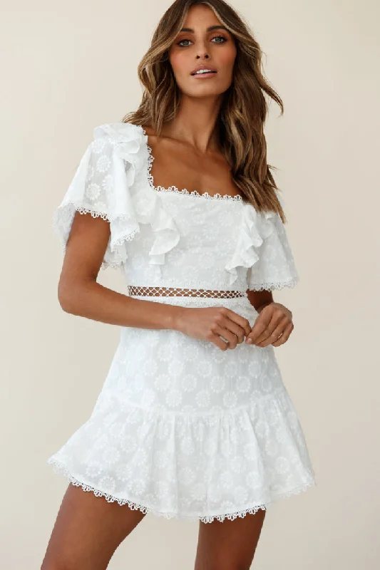 How Romantic Flounce Sleeve Lace-Up Back Dress Floral Embossed White