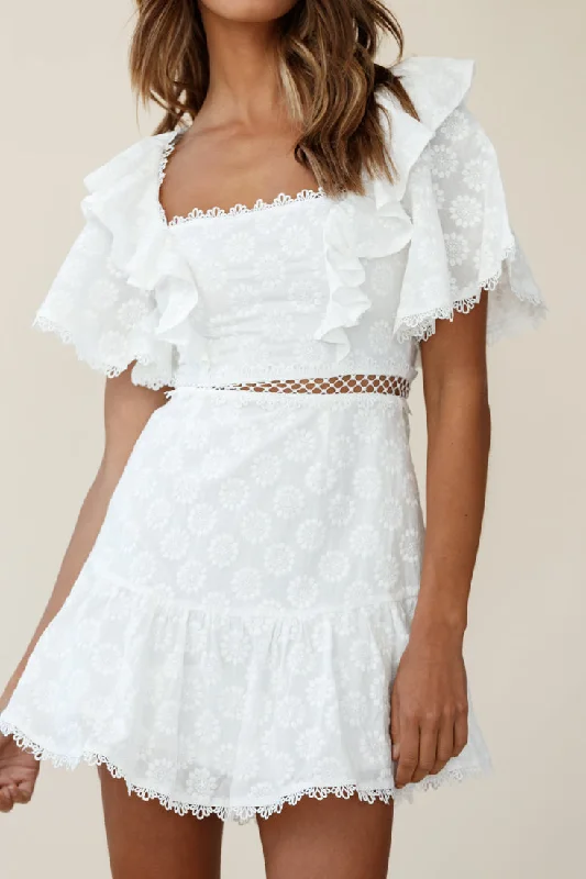 How Romantic Flounce Sleeve Lace-Up Back Dress Floral Embossed White