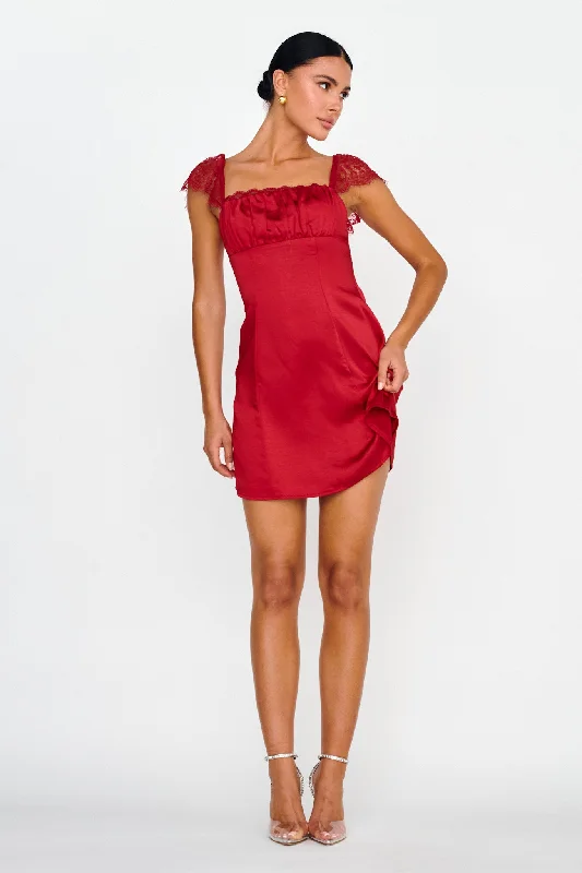 Invites Only Lace Shoulder Mini Dress Red