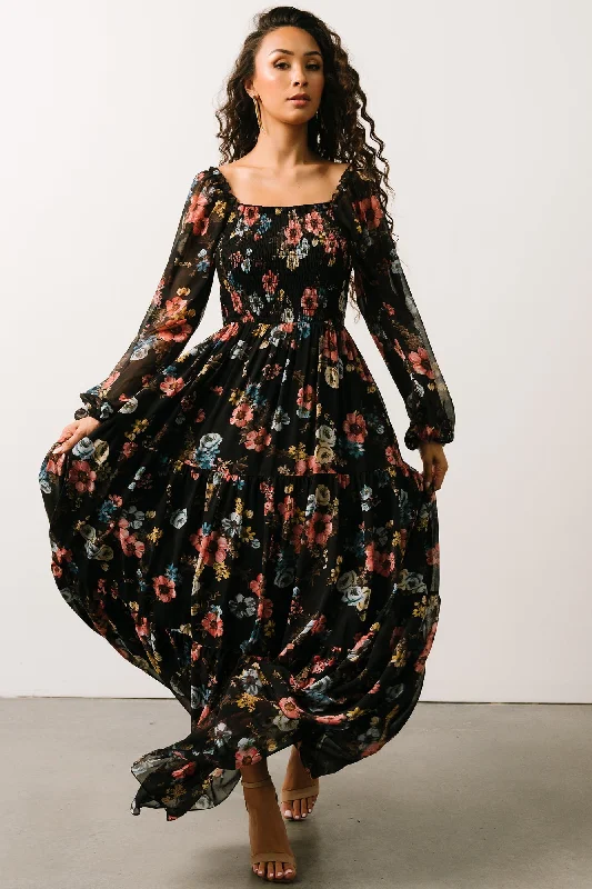 Isabela Smocked Maxi Dress | Black Multi Floral