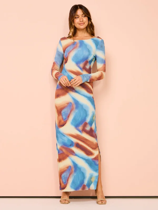 Issy Long Sleeve Maxi Dress in Blue Marble