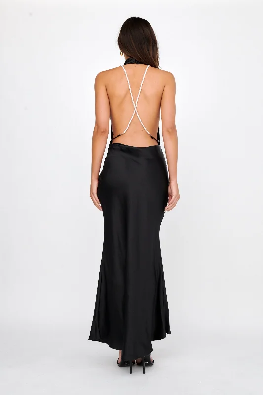 Italia Azure Halterneck Pearl Back Maxi Dress Black