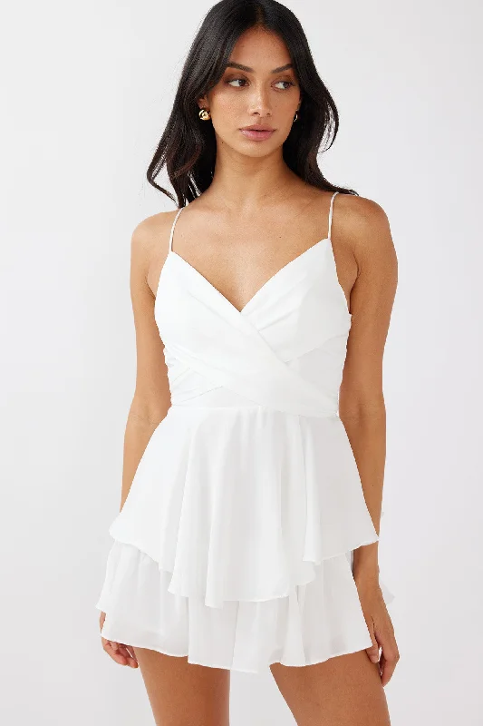 It's Complicated Crossover Bodice Flounce Romper White