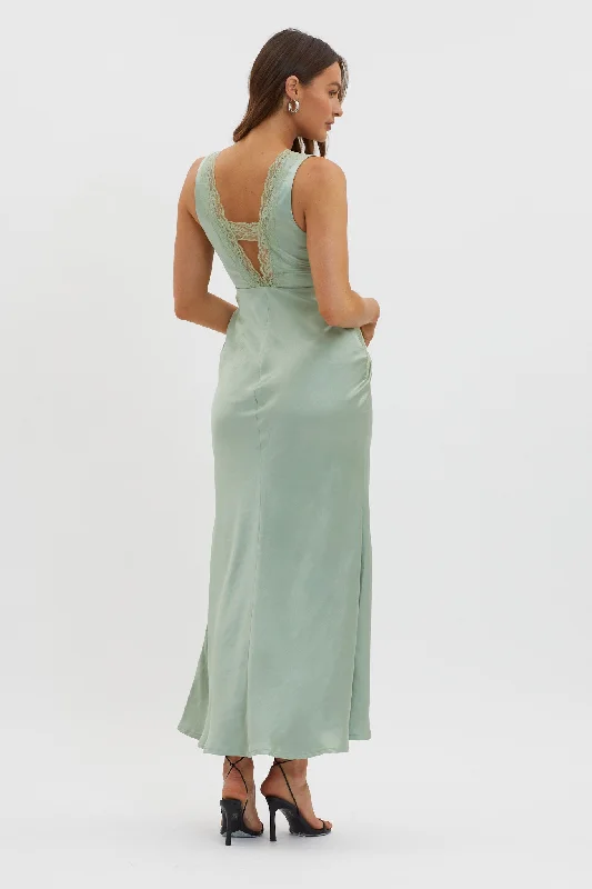 Ivonne Lace Trim V-Neck Maxi Dress Sage