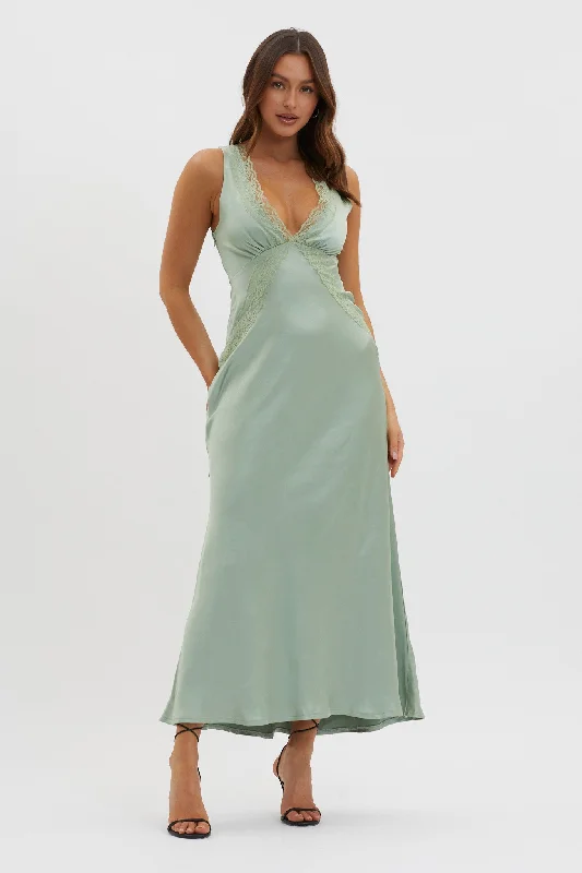 Ivonne Lace Trim V-Neck Maxi Dress Sage