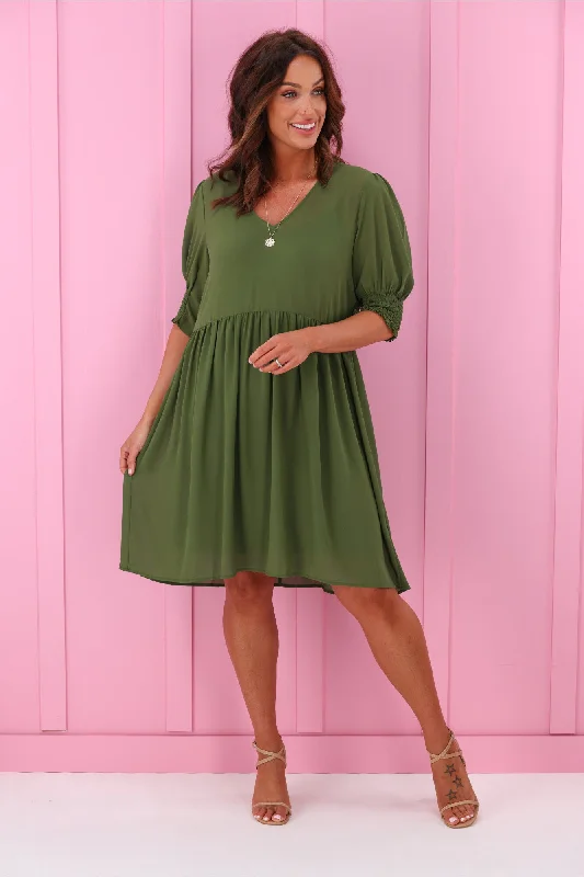 Jane James Juniper Balloon Sleeve Dress Olive