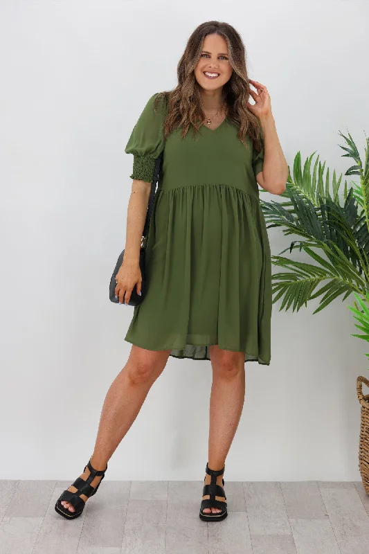 Jane James Juniper Balloon Sleeve Dress Olive