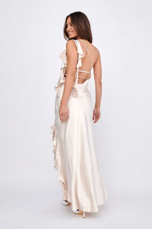 Jayda One Shoulder Ruffle Trim Maxi Dress Champagne