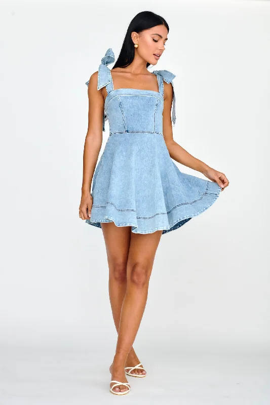 Jeanie Bow Shoulder Mini Dress Denim